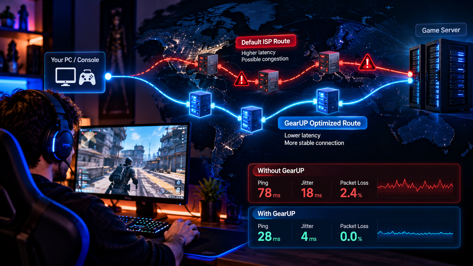 Representação de diferentes rotas de rede entre um PC gamer e um servidor de jogo