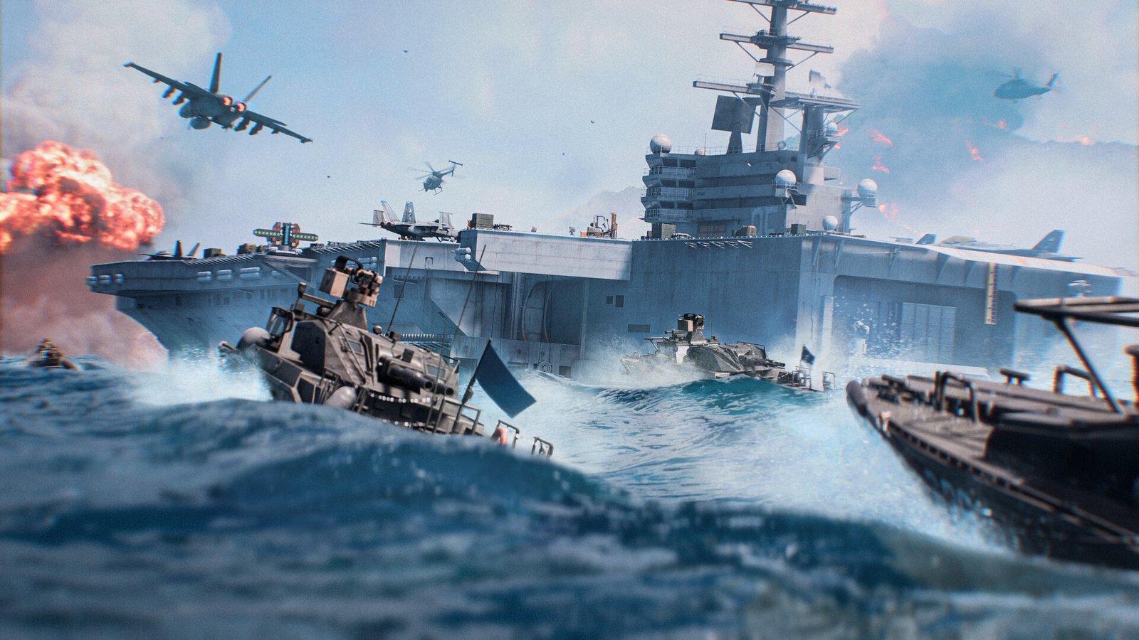 Aircraft flying over a battle zone in Battlefield 6