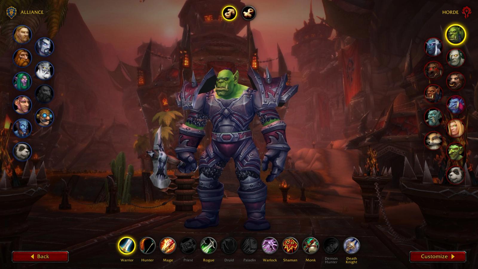 World of Warcraft character creation screen showing different races and classes