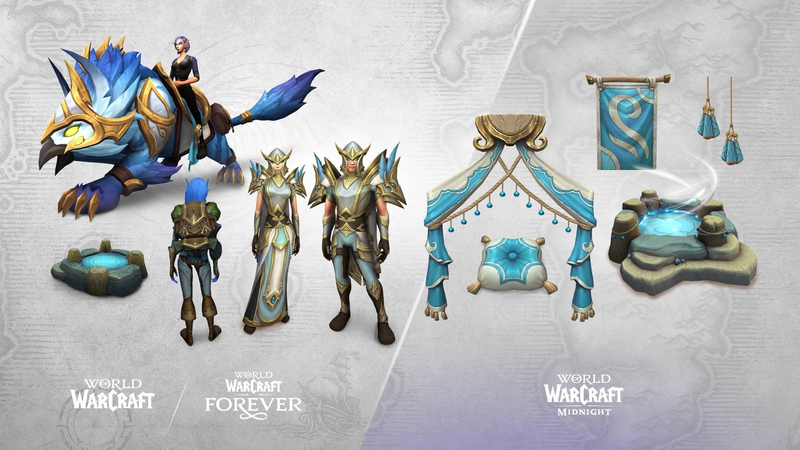 Mount, outfits and cosmetic items from the World of Warcraft: Forever Skyborne packs