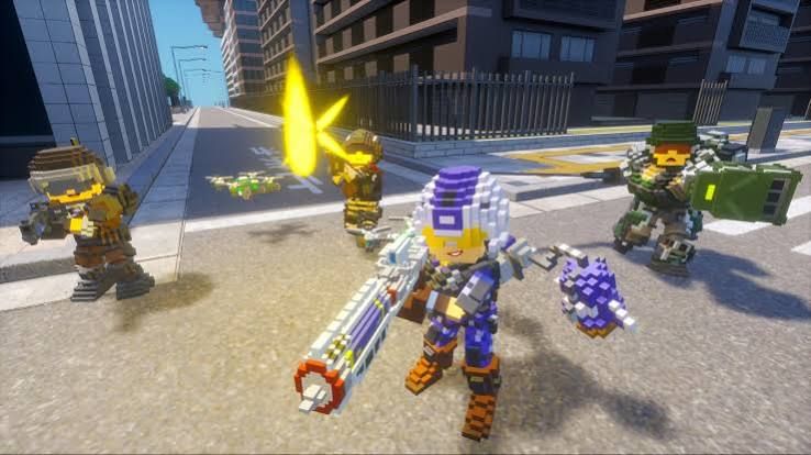 Voxel characters fighting giant enemies in Earth Defense Force: World Brothers 2