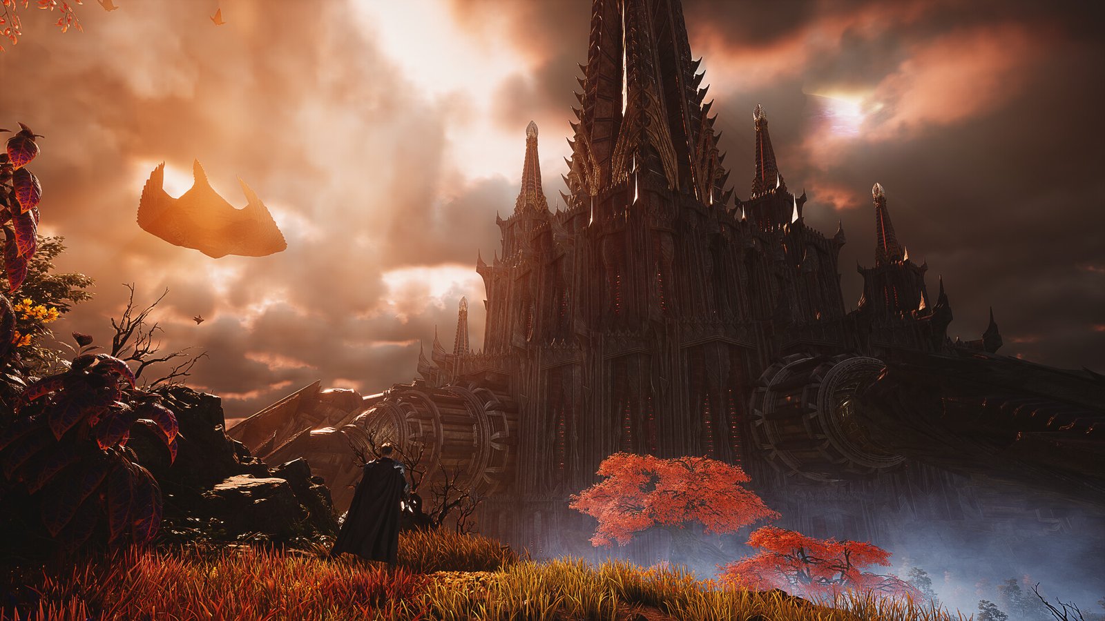 Silhueta de um castelo gótico sob um céu alaranjado em AION 2