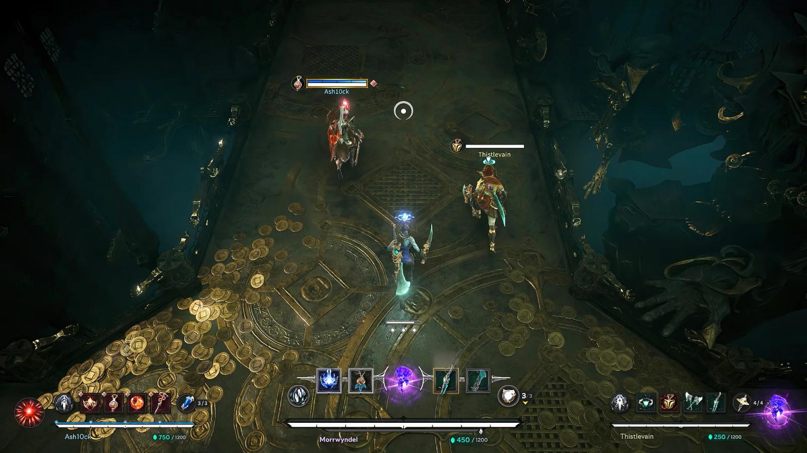 Three-player team fighting in Arkheron