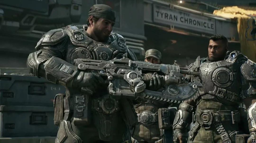 Combate com a Lancer e sua serra contra os Locust em Gears of War: E-Day