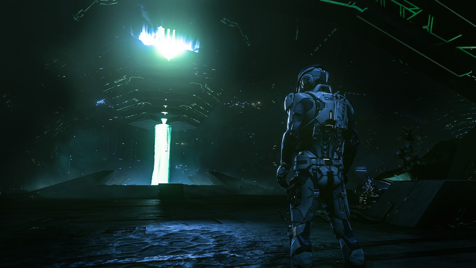 Official Mass Effect: Andromeda screenshot showing a Pathfinder exploring a planet