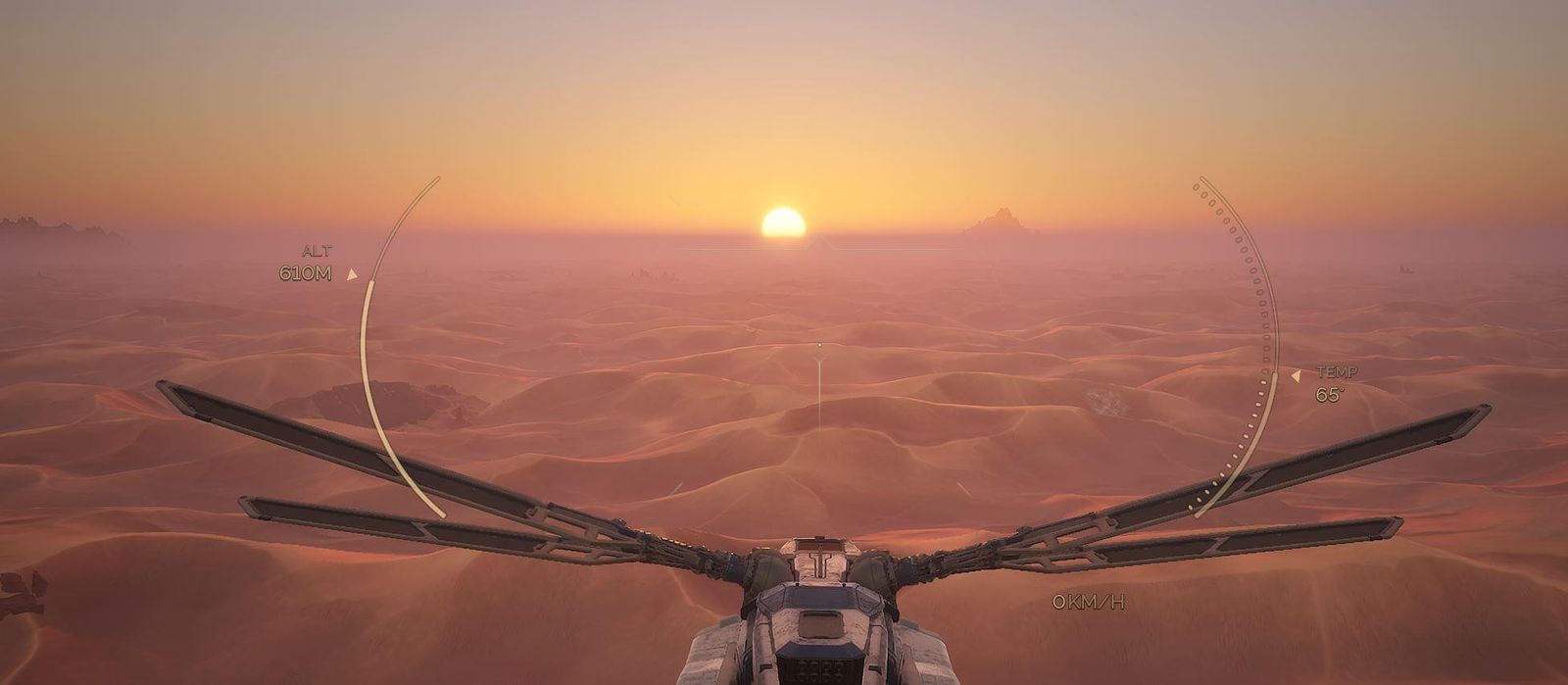 Ornithopter flying over the desert of Arrakis in Dune Awakening