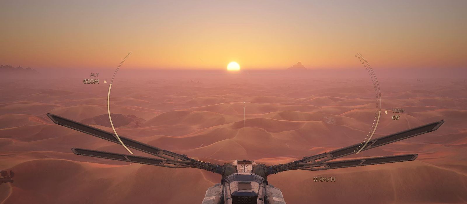 Ornithopter flying over the desert of Arrakis in Dune Awakening