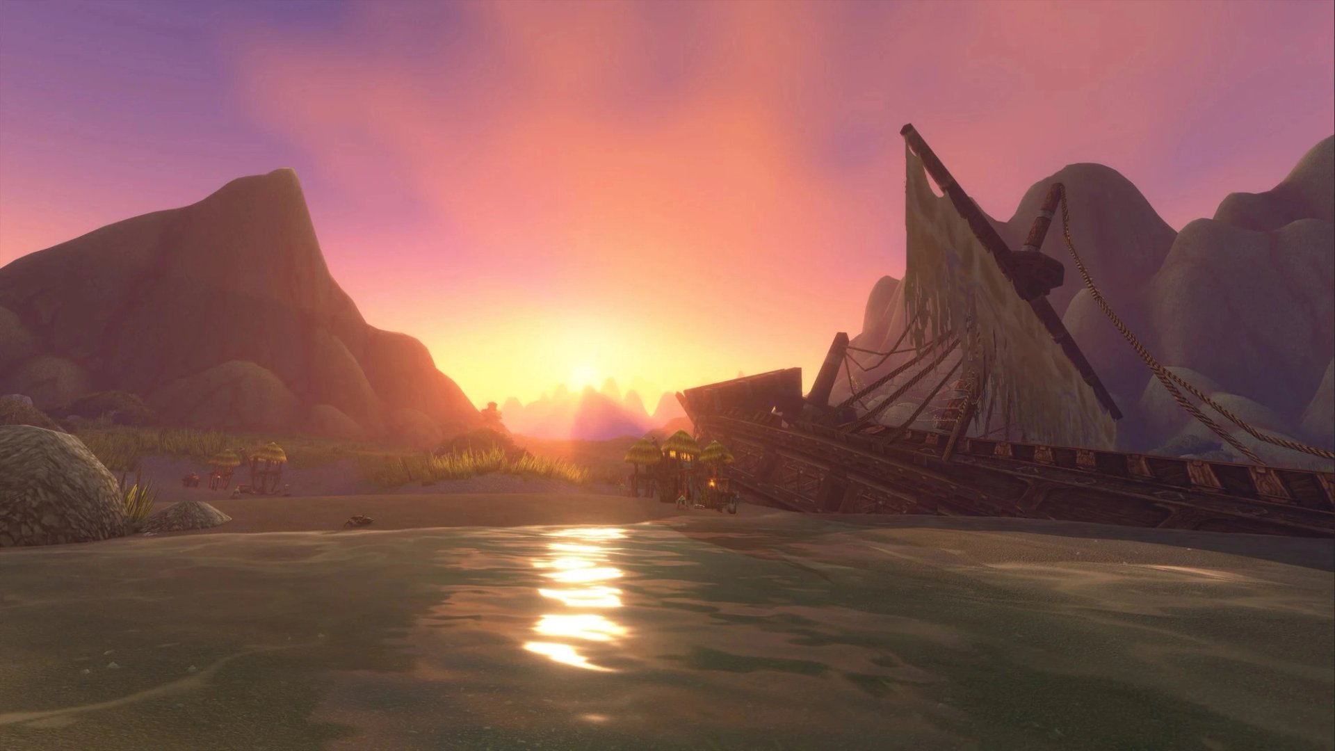 Pôr do sol sobre um navio encalhado no litoral de Azeroth, em captura oficial de World of Warcraft: Forever