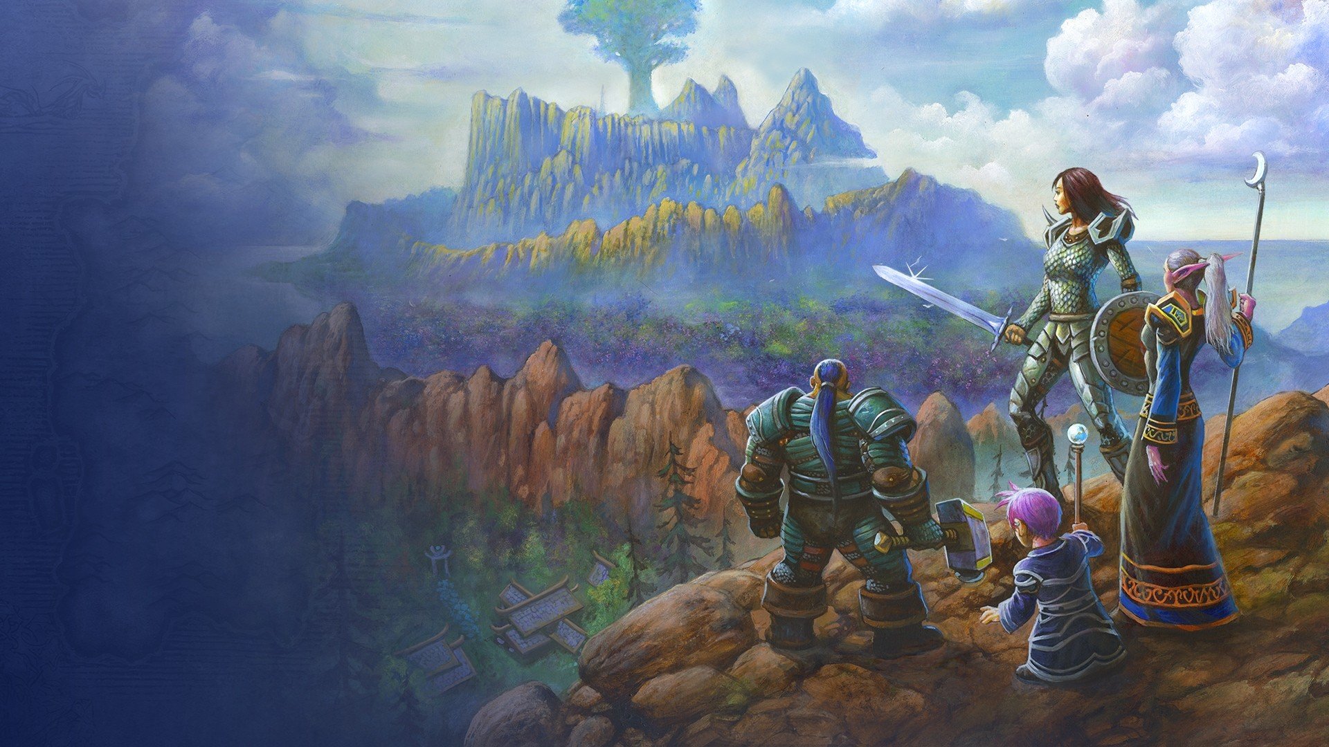 Arte oficial de World of Warcraft: Forever com aventureiros observando uma paisagem de montanhas e uma árvore gigante