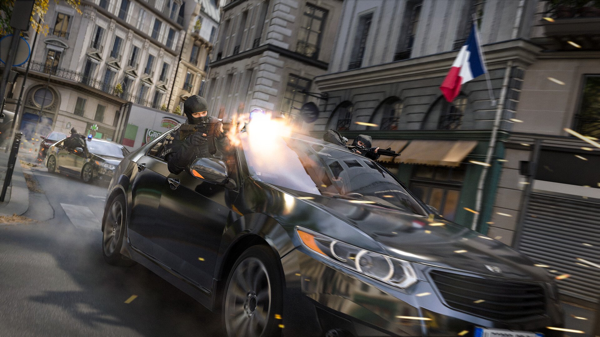 Operadores trocando tiros dentro e ao redor de um carro em uma rua de cidade em Modern Warfare 4