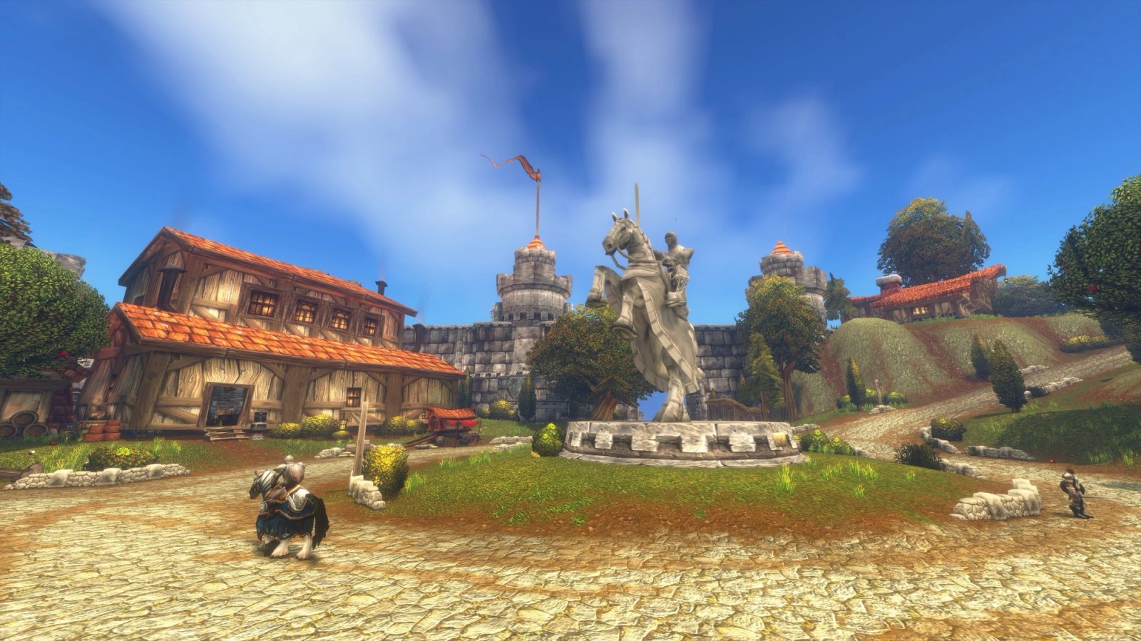 A Riverglades village with a knight statue, the new level 35 to 45 zone in WoW Forever