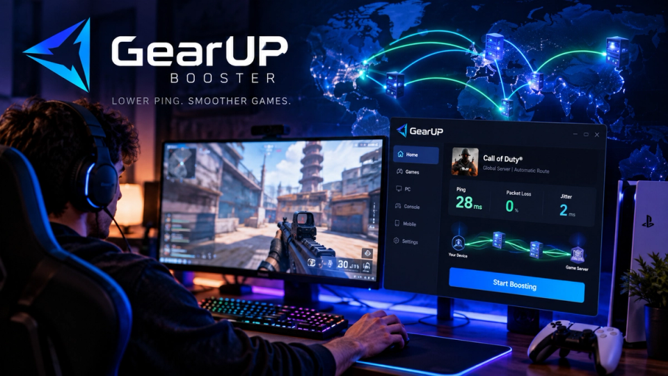 Setup gamer competitivo representando o GearUP Booster e otimização de conexão para jogos online