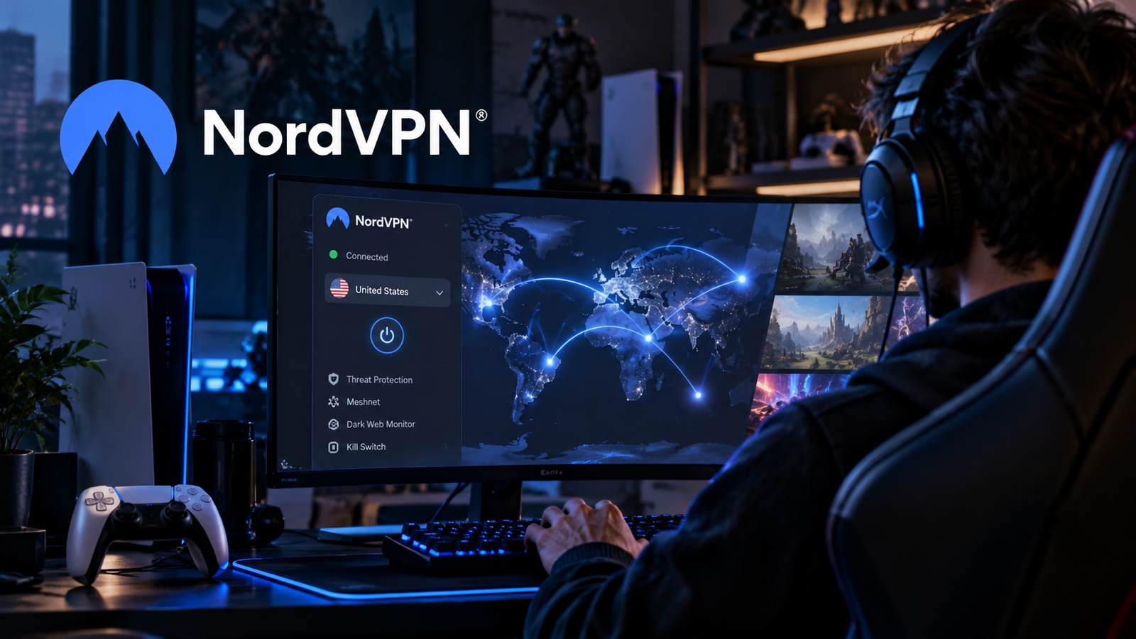 Setup gamer com NordVPN protegendo a conexão durante uma sessão de jogos