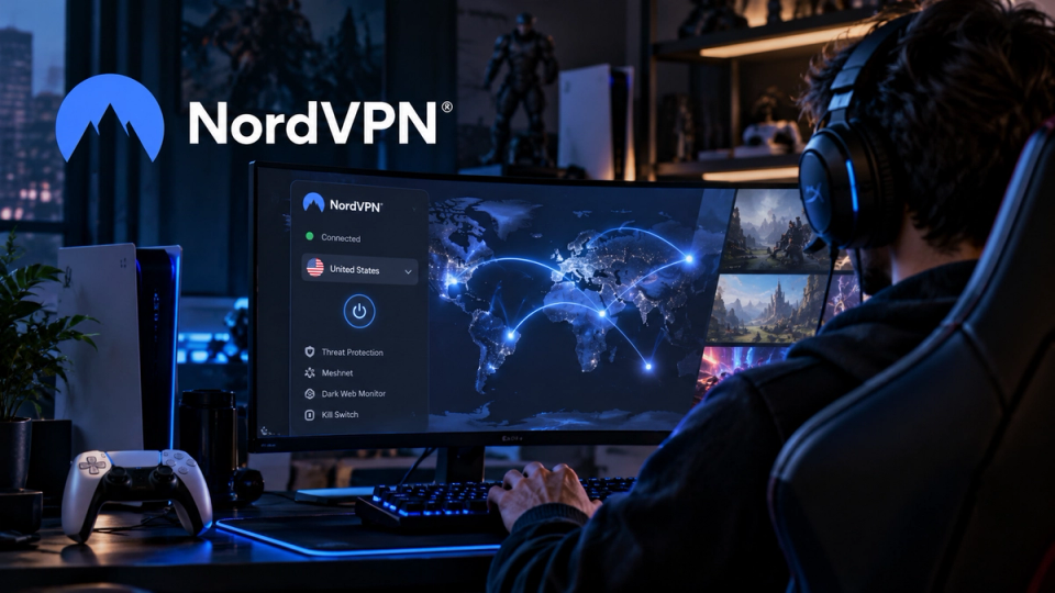 Setup gamer com NordVPN protegendo a conexão durante uma sessão de jogos