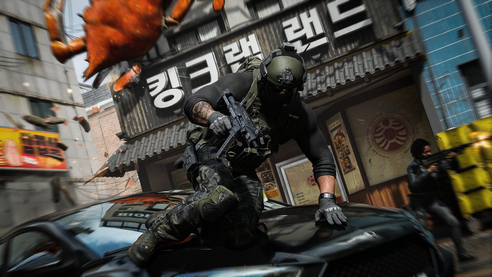 Operador pulando sobre o capô de um carro em uma rua com letreiros coreanos em Modern Warfare 4
