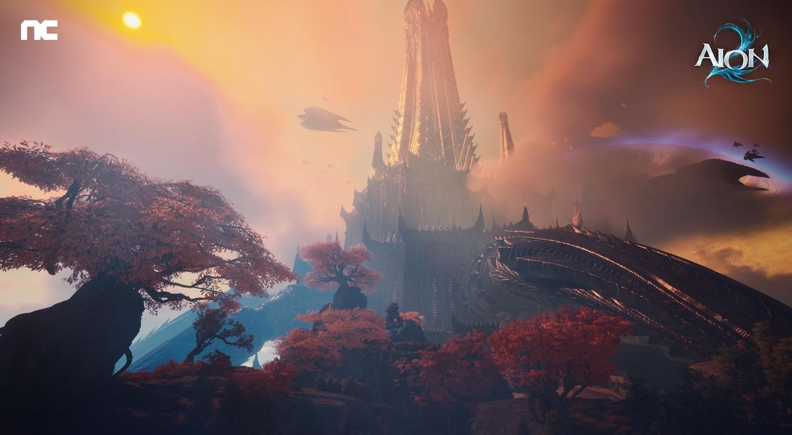 Arte promocional de AION 2 mostrando personagens e o mundo de Atreia