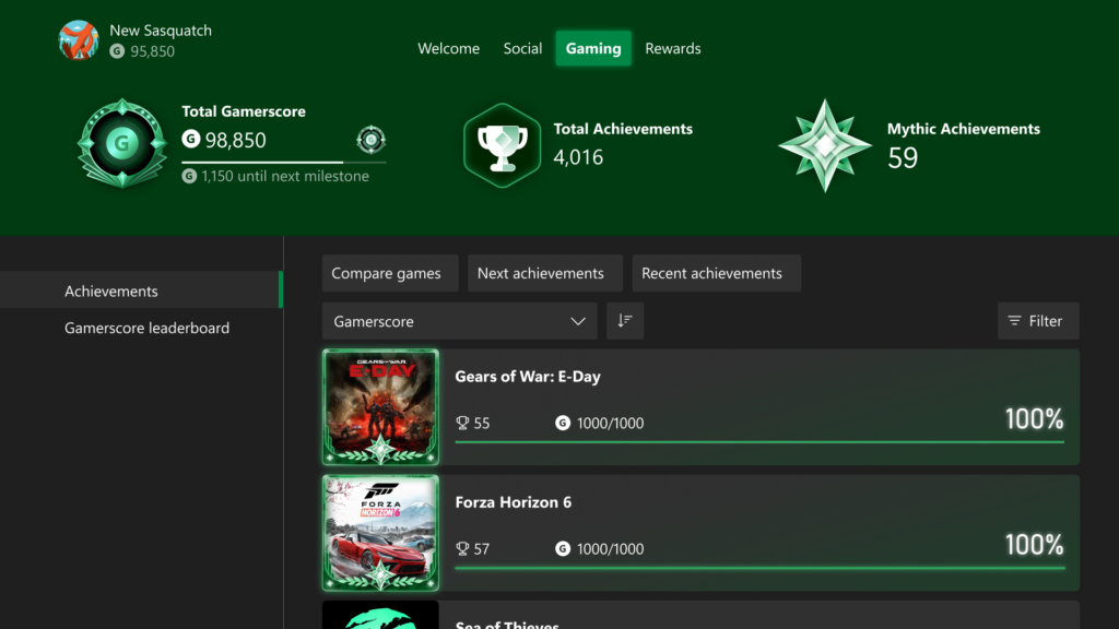 New Xbox profile Gaming tab with achievement and Gamerscore tracking