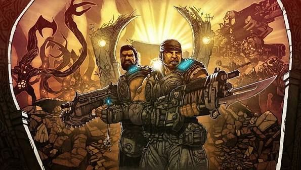 Marcus Fenix e Dominic Santiago em combate na campanha de Gears of War: E-Day