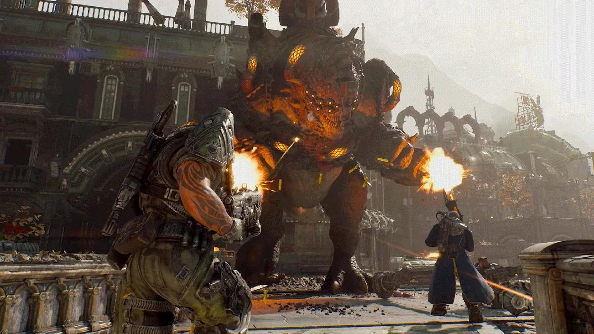 Soldado deslizando para a cobertura durante um tiroteio em Gears of War: E-Day