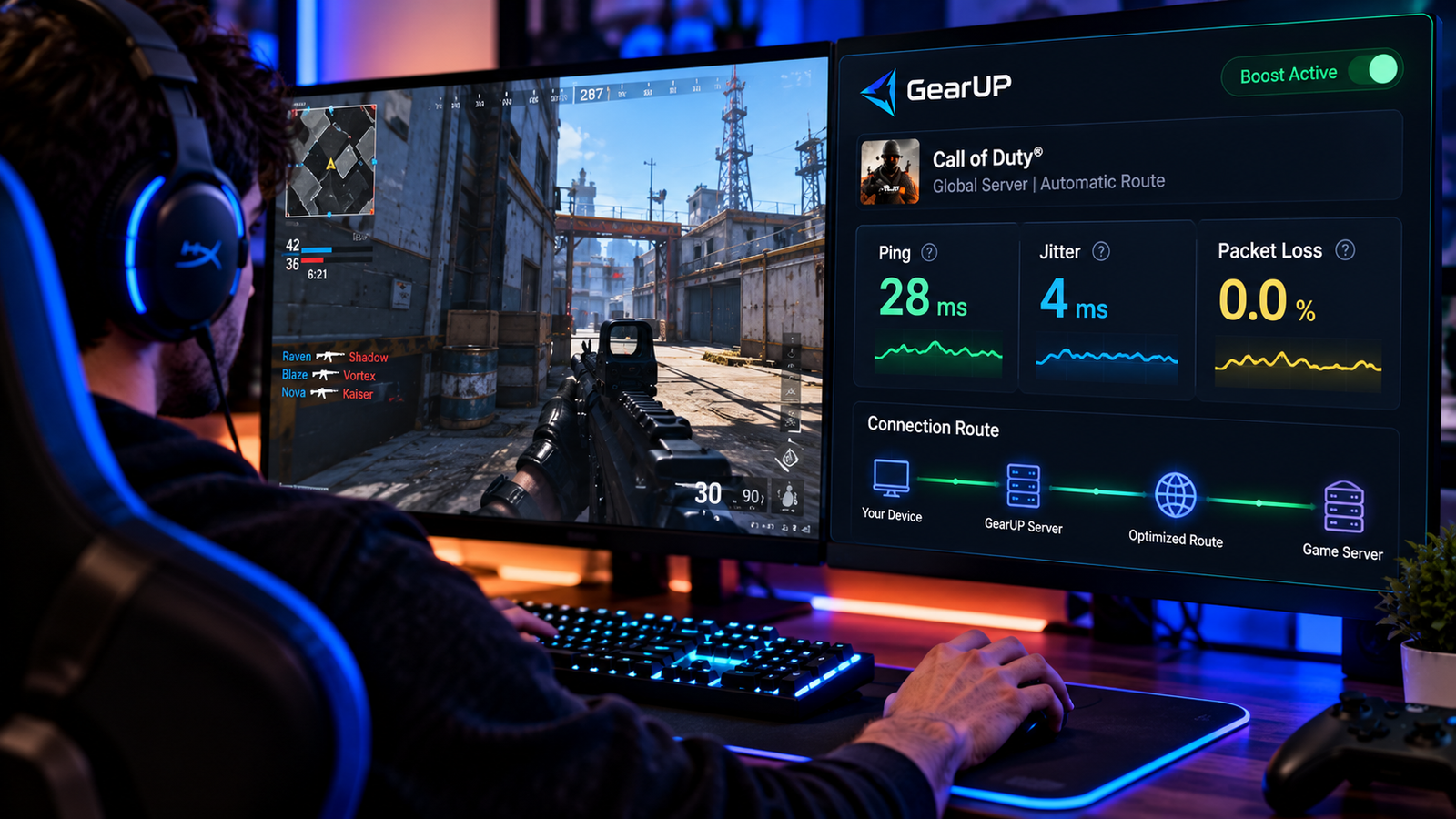Jogador monitorando ping, jitter e estabilidade durante uma partida online