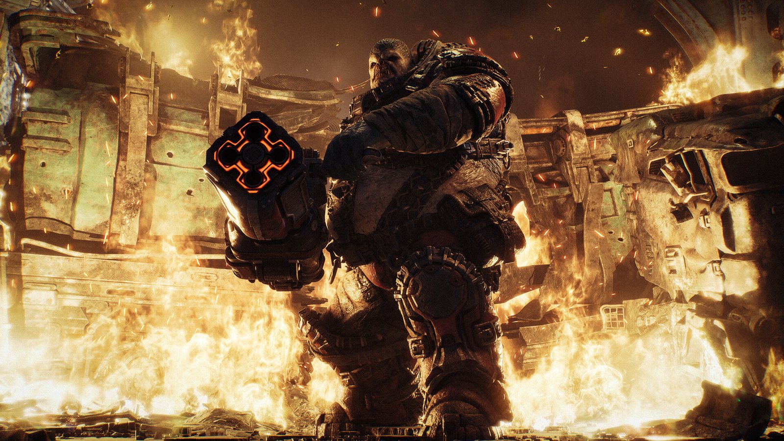Soldado corpulento cercado por fogo em Gears of War: E-Day
