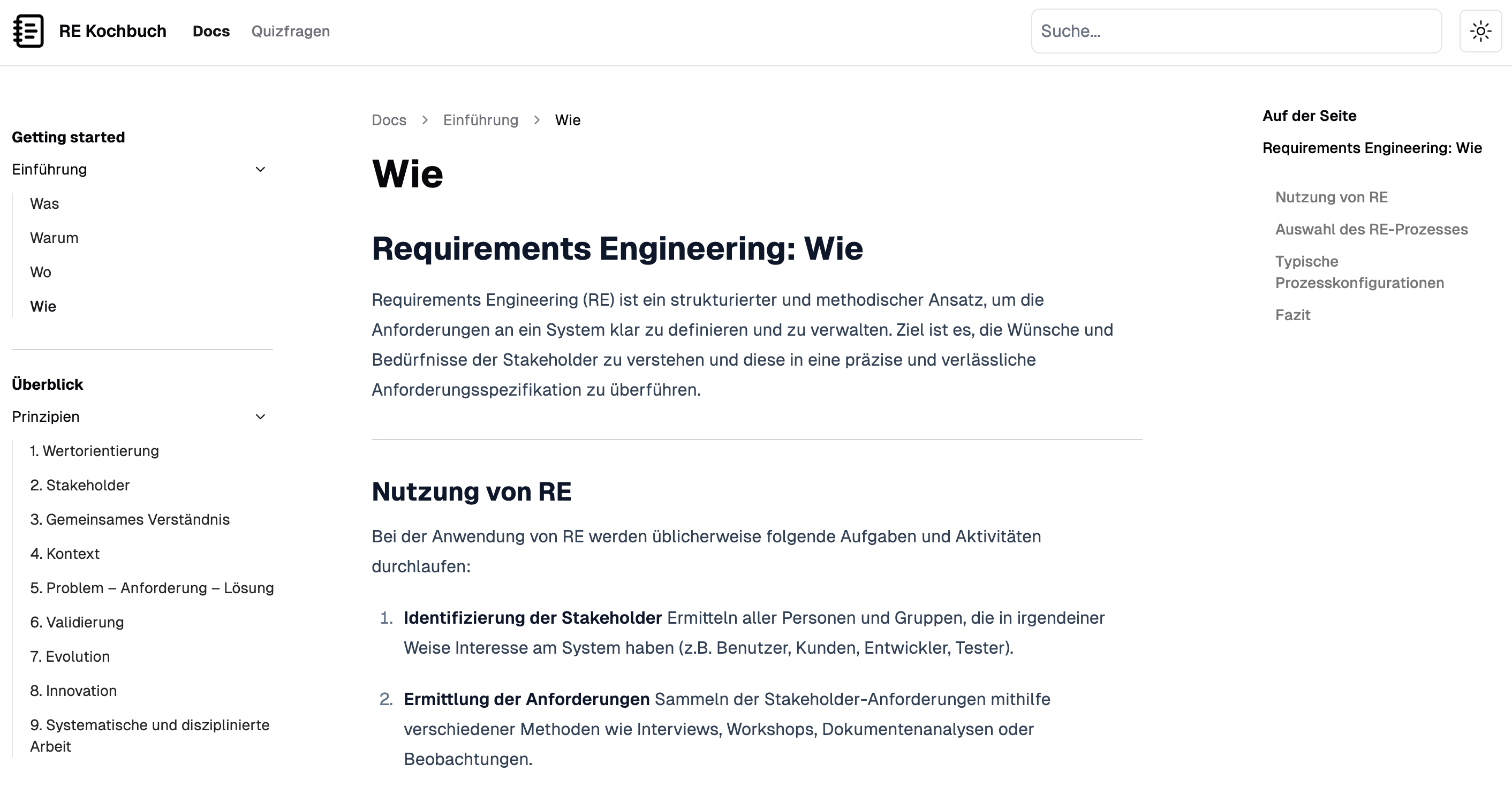 RE Kochbuch Screenshot von der Seite: Requirements Engineering: Wie