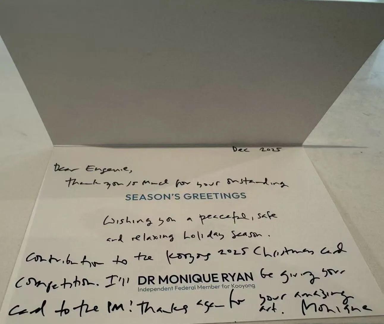 Christmas Card for Federal Independent MP Kooyong, Monique Ryan