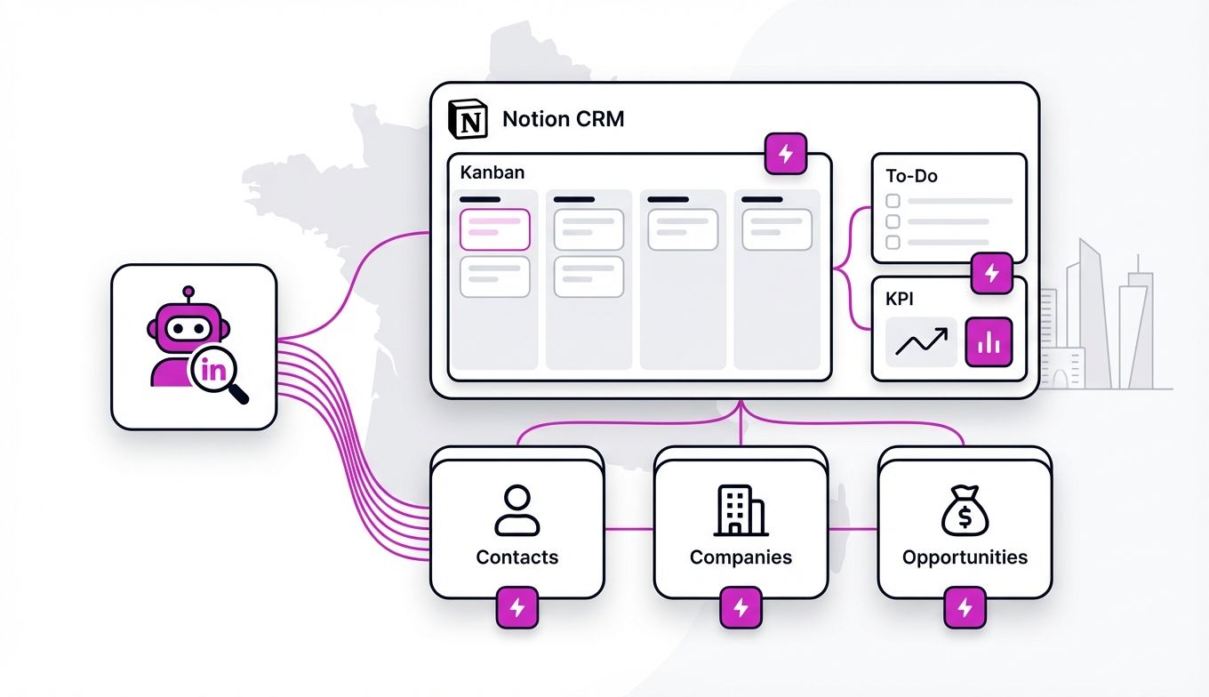 Schéma du template CRM Notion gratuit avec pipeline commercial et automatisation LinkedIn pour entreprises en France.