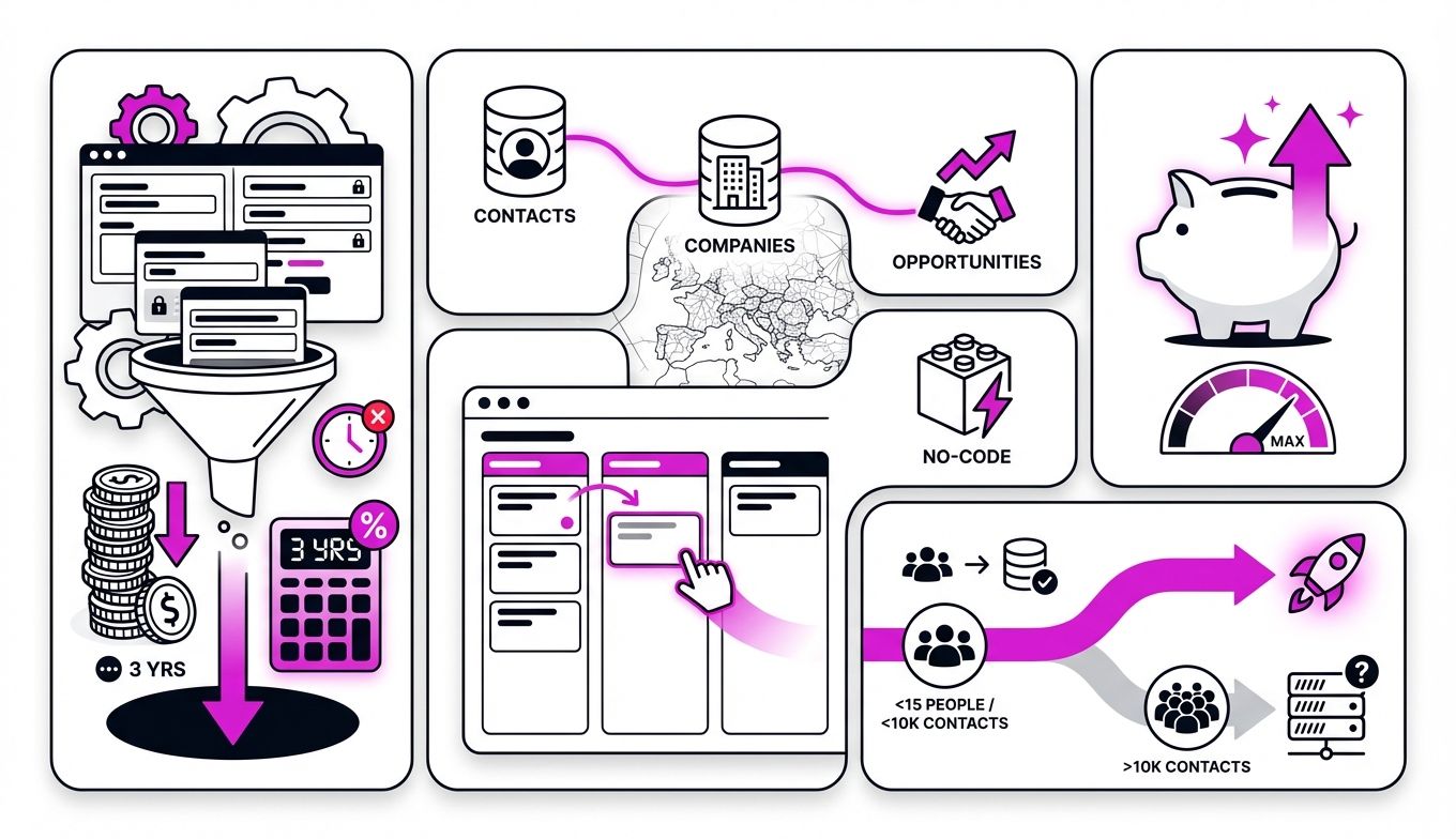Infographie comparative CRM Notion vs HubSpot illustrant les économies et la structure de données pour PME en France.