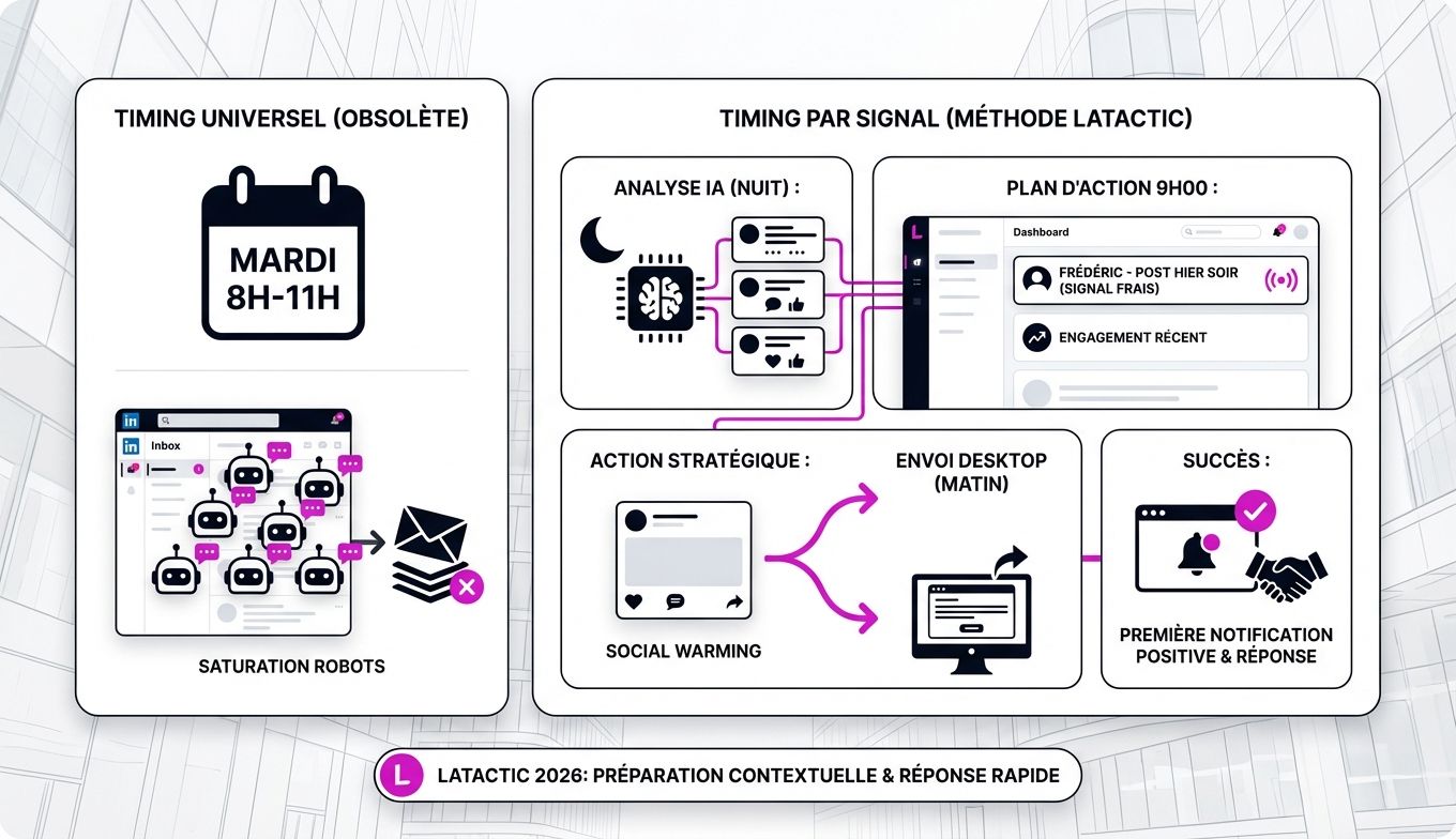 Infographie comparant le timing universel saturé et la stratégie de prospection LinkedIn par signal de LaTactic en France.