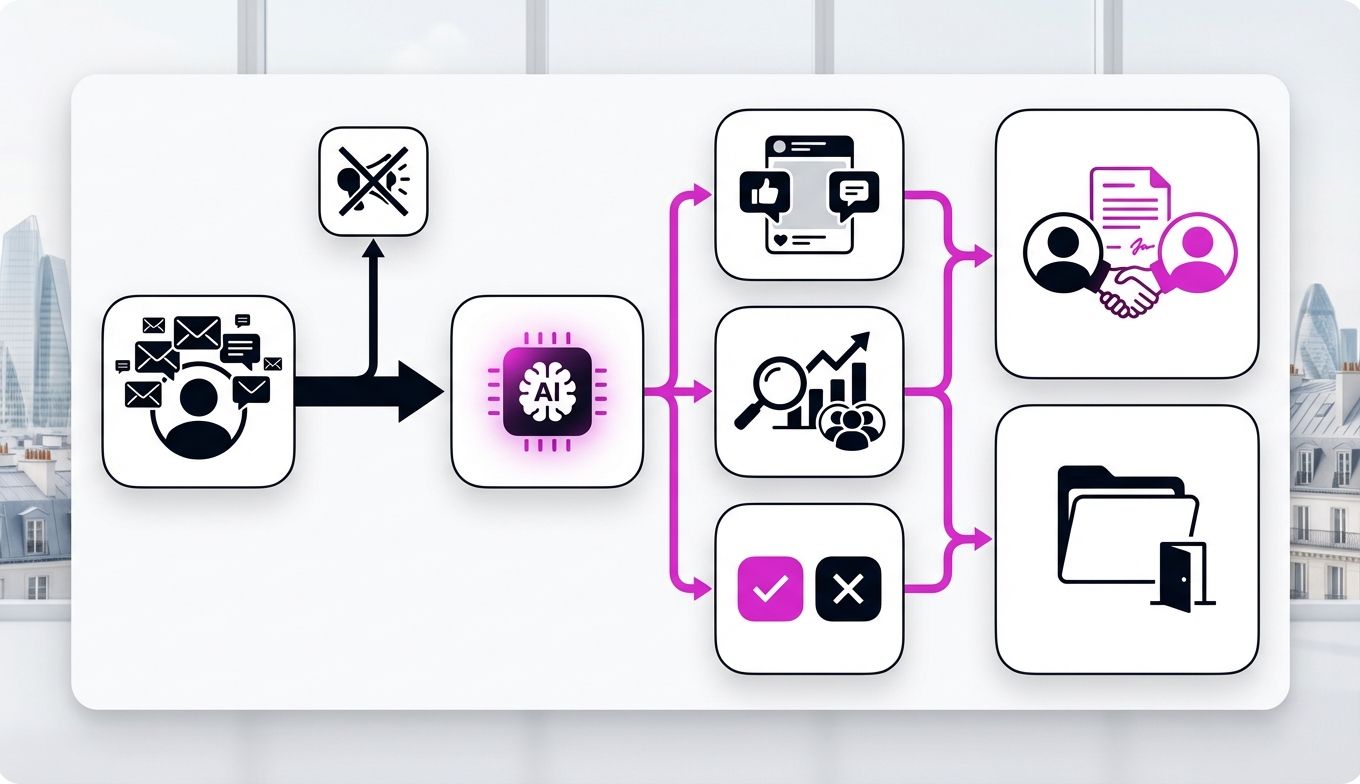 Infographie Bento Grid du processus de relance prospect par IA de LaTactic pour éviter le ghosting commercial en France.