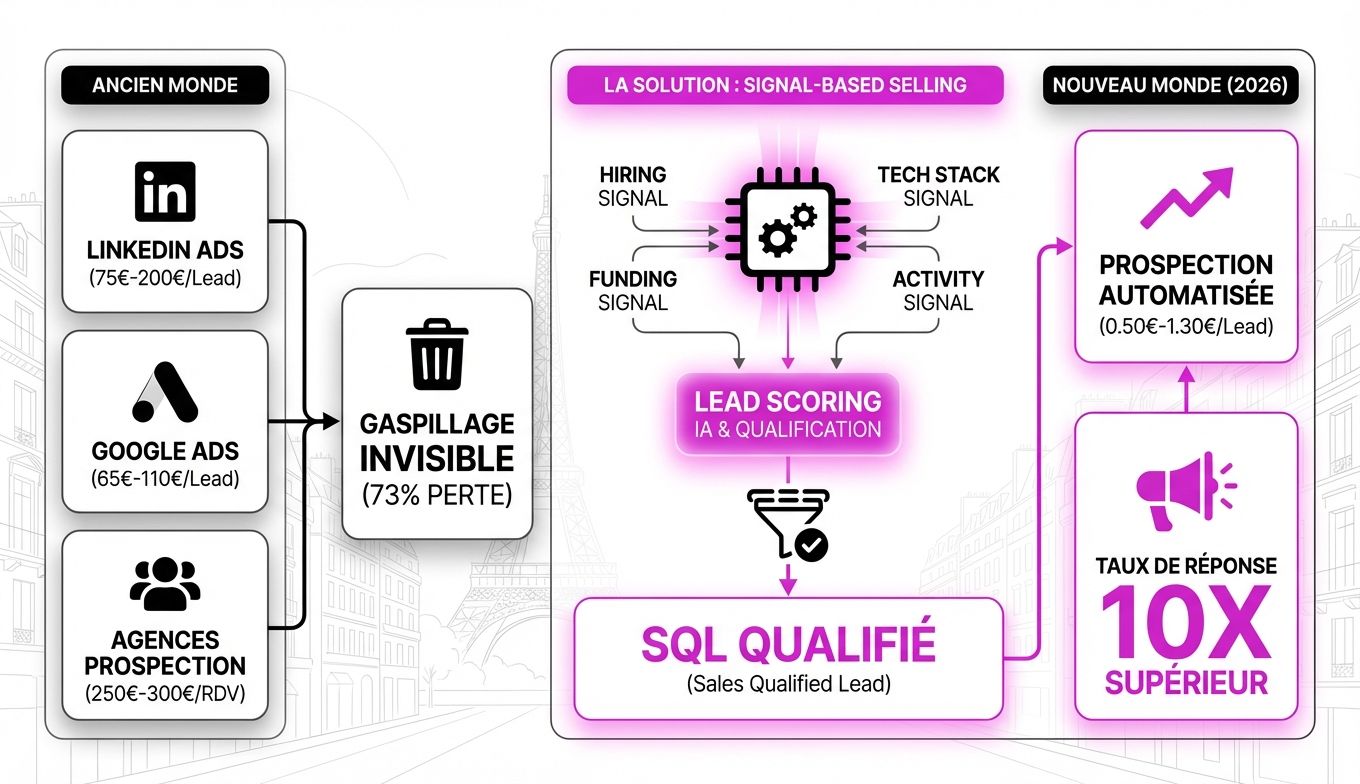 Schéma comparatif de lead generation B2B : prospection classique vs signal-based selling pour entreprises en France.