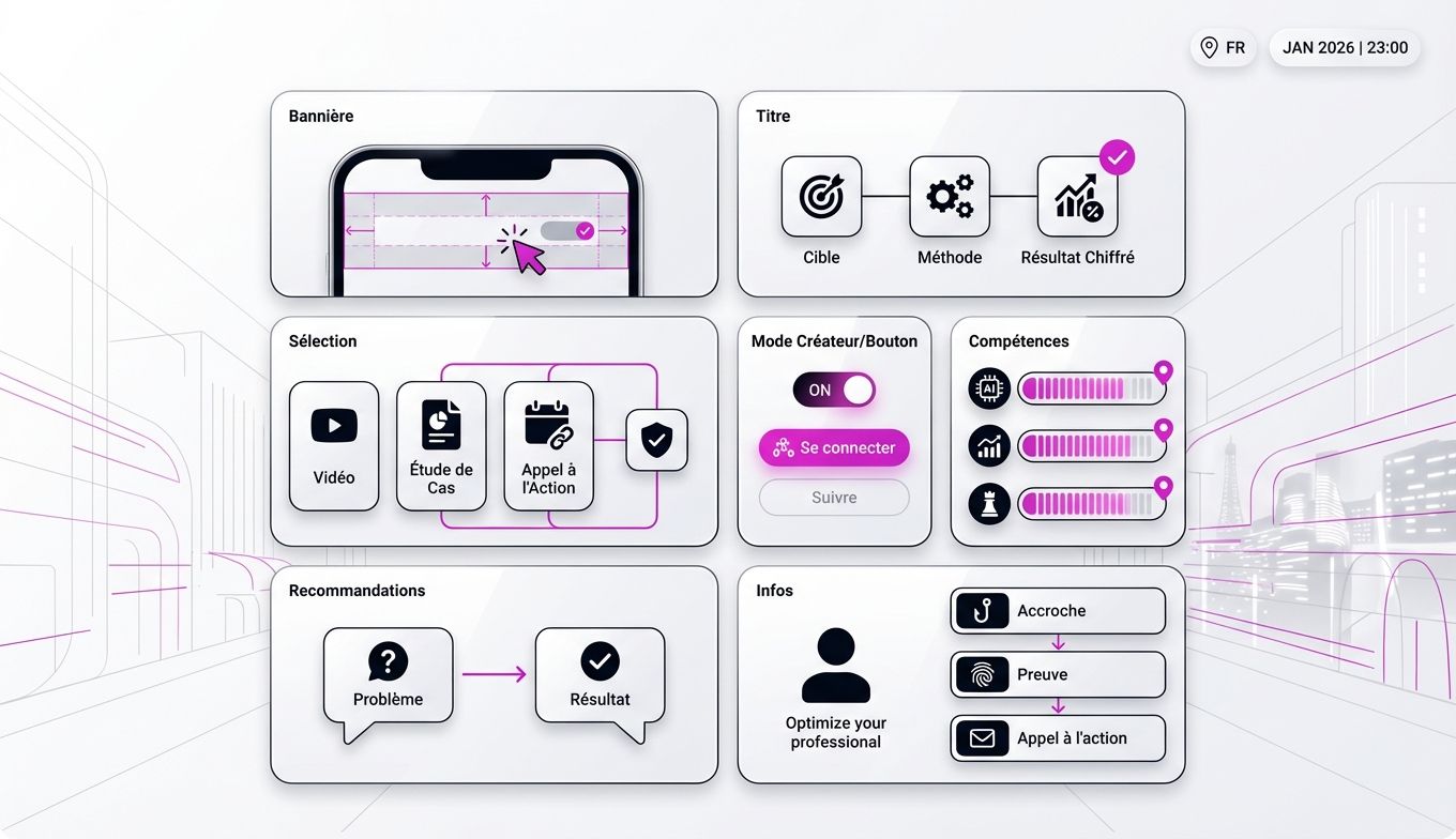 Infographie bento grid détaillant les 7 étapes pour optimiser un profil LinkedIn en 2026 pour le social selling en France.