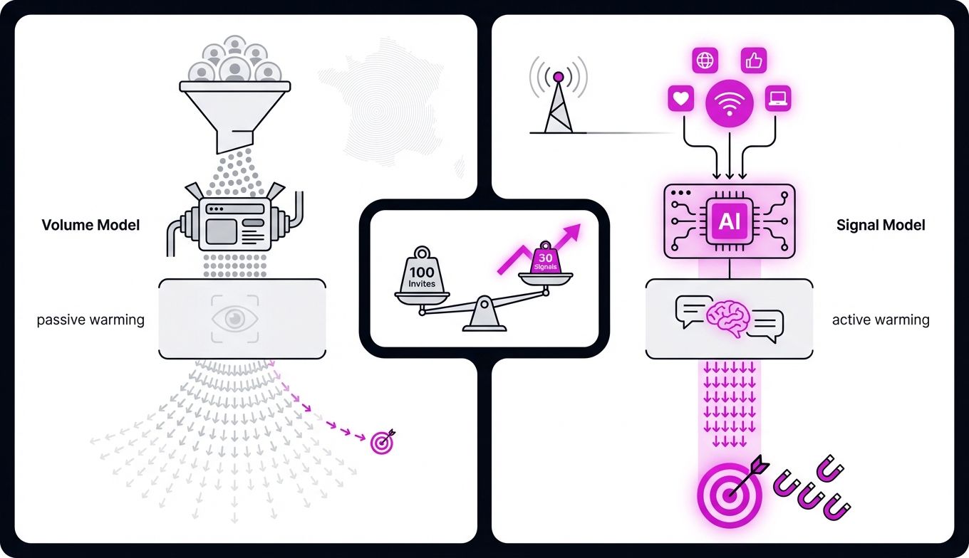 Infographie bento grid comparant le modèle volume Waalaxy au modèle signal IA LaTactic pour la prospection B2B efficace.