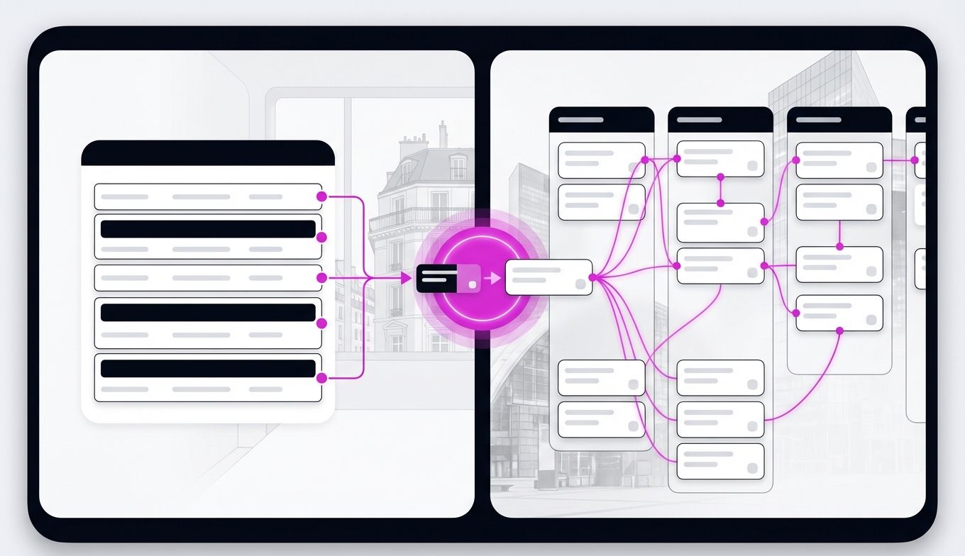 Illustration conceptuelle de la migration de données d'un tableau Excel statique vers un CRM relationnel et dynamique sur Notion.