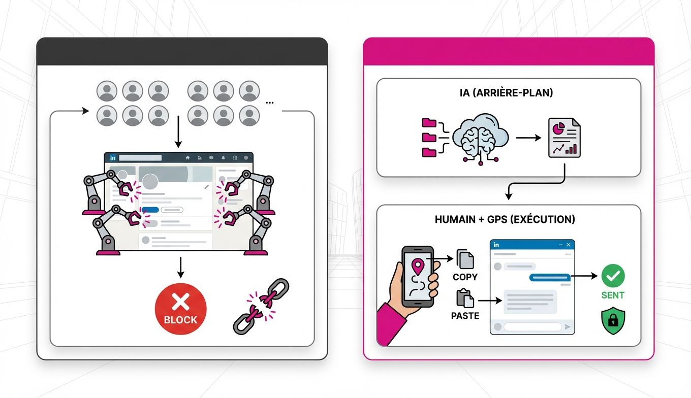 Infographie comparant l'automatisation LinkedIn risquée par des bots à l'approche GPS sécurisée de LaTactic avec validation humaine.