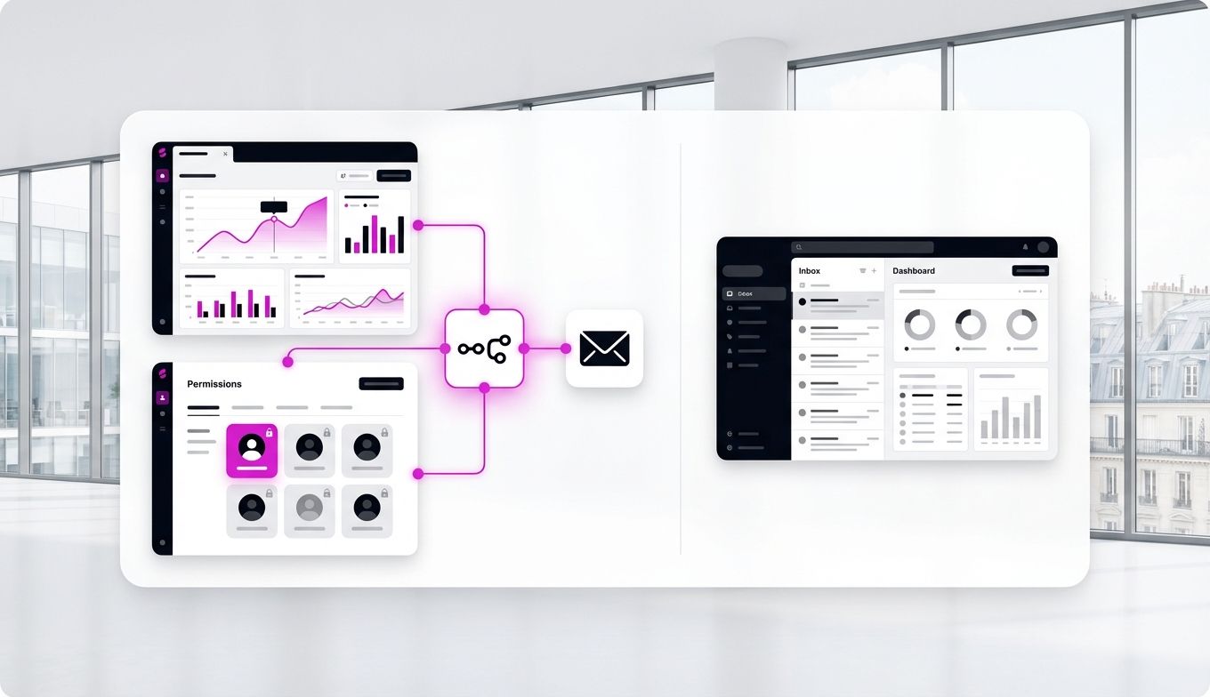 Schéma comparatif de l'architecture Notion CRM modulaire (graphiques, permissions, n8n) face à une interface CRM traditionnelle.