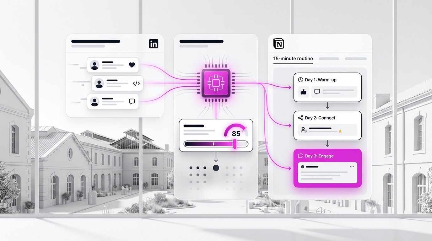 Workflow de prospection LinkedIn automatisé par IA connecté à Notion, sur fond Darwin Bordeaux.