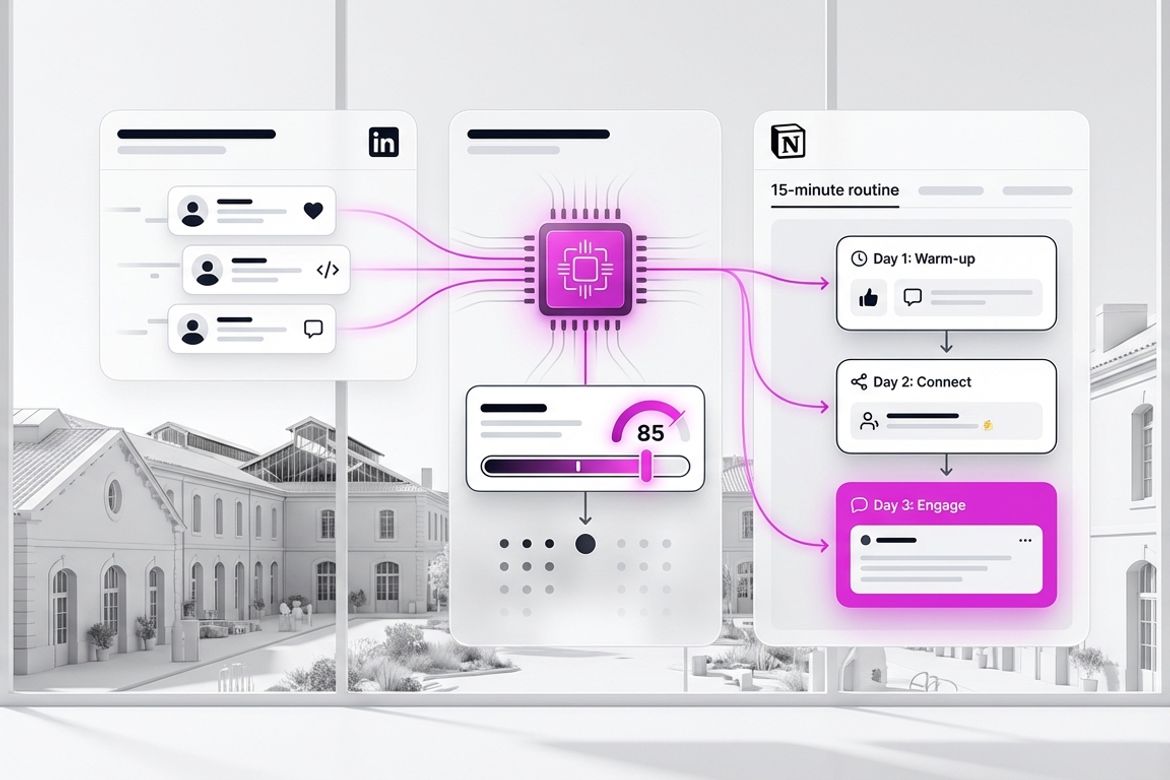 Workflow de prospection LinkedIn automatisé par IA connecté à Notion, sur fond Darwin Bordeaux.