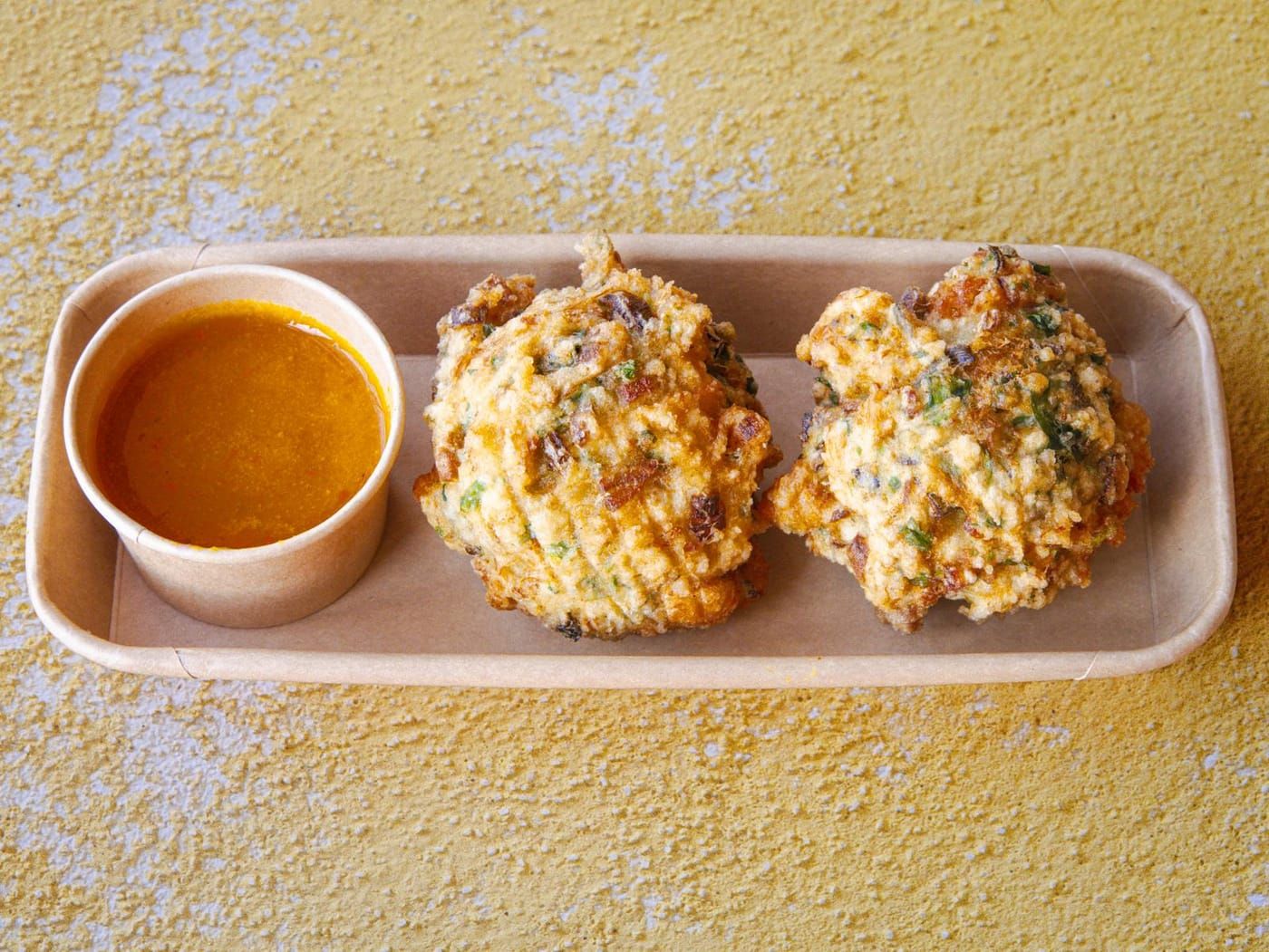 Bajan salt fish fritters with dipping sauce