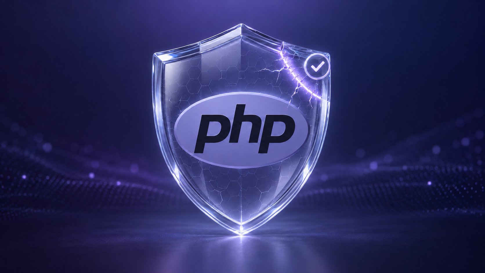 Logo do PHP protegida por um escudo digital, representando correções de vulnerabilidades e atualizações de segurança.