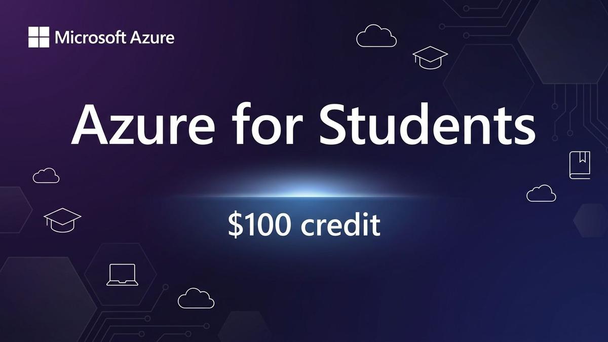 Imagem com o texto: Azure for Students. $100 credit