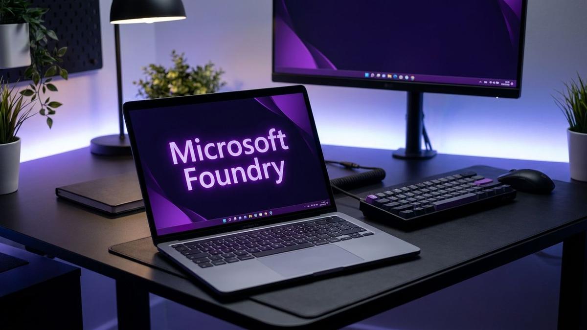 Notebook sobre a mesa com o texto: Microsoft Foundry