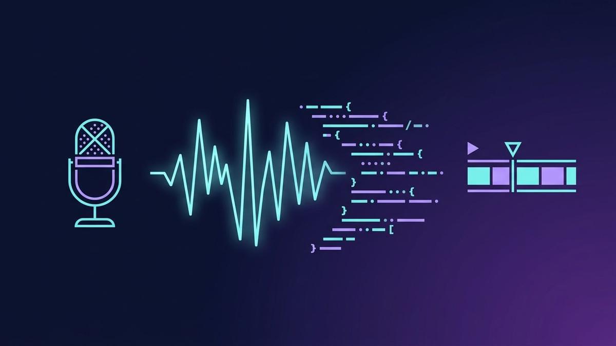Onda sonora que se transforma em código e termina em uma linha do tempo de vídeo