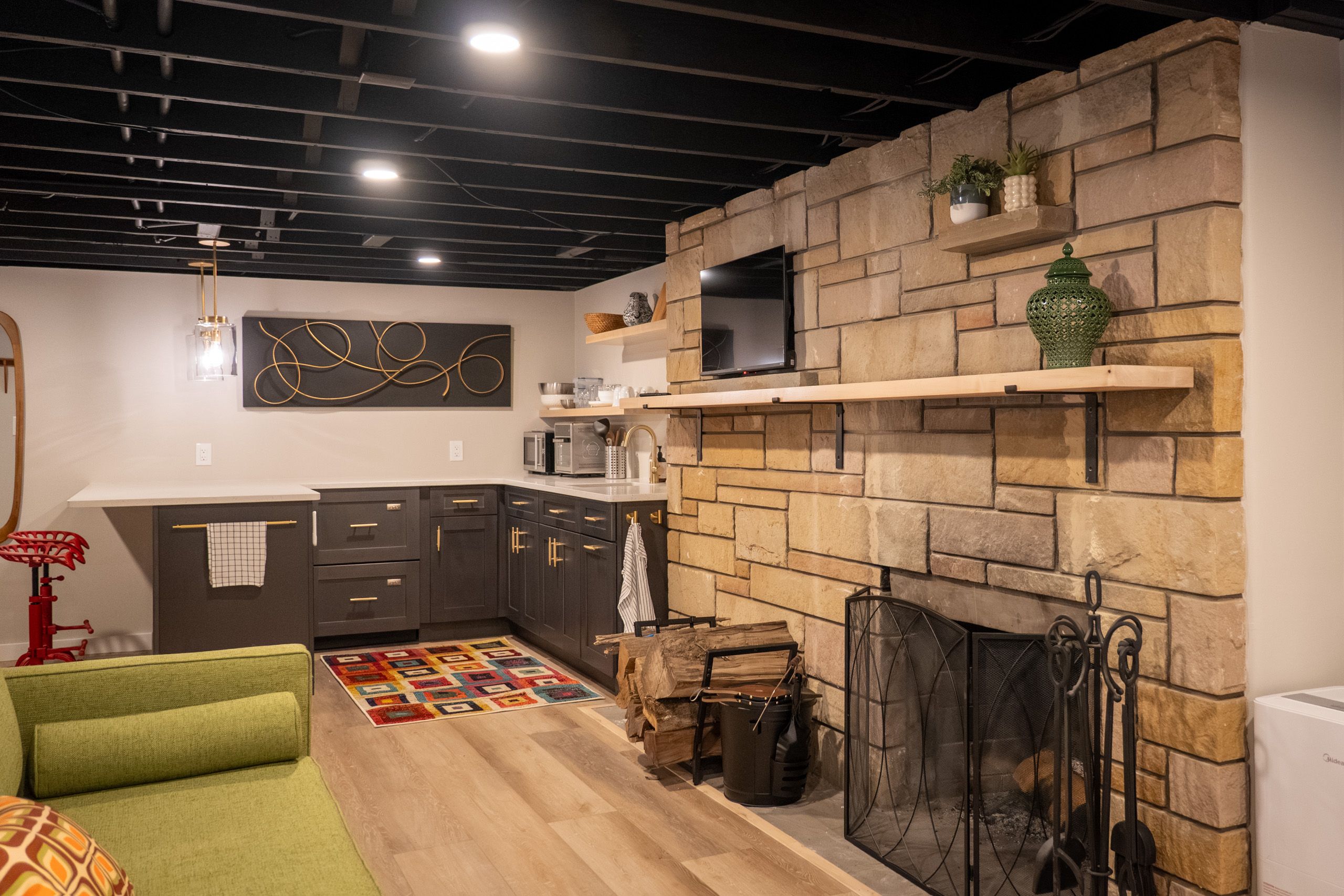 Stone wall and wet bar