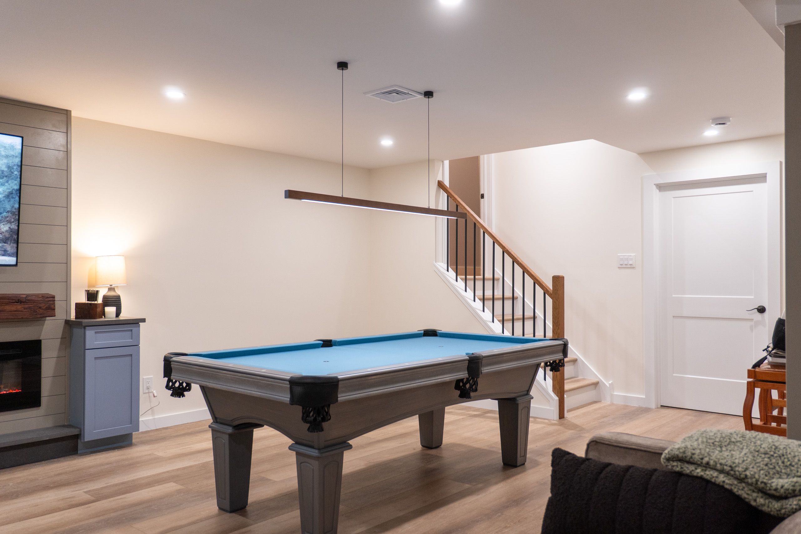 Pool table in remodeled basement