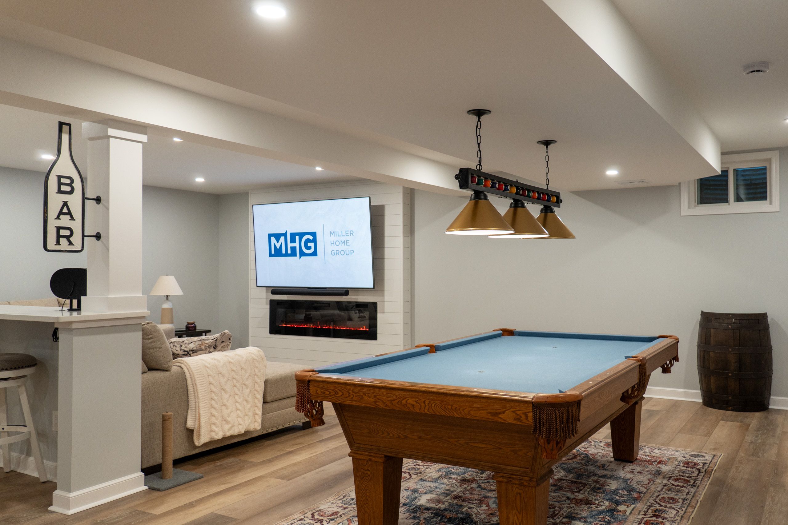 Wide shot of newly finished basement