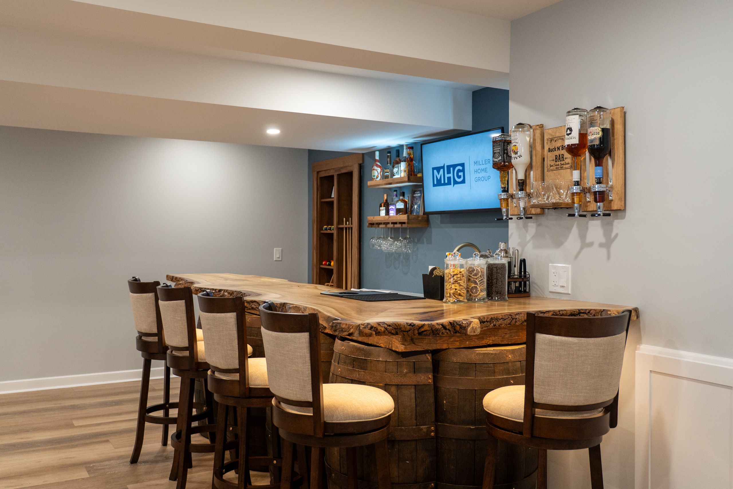 Live edge wood bartop in a newly finished basement