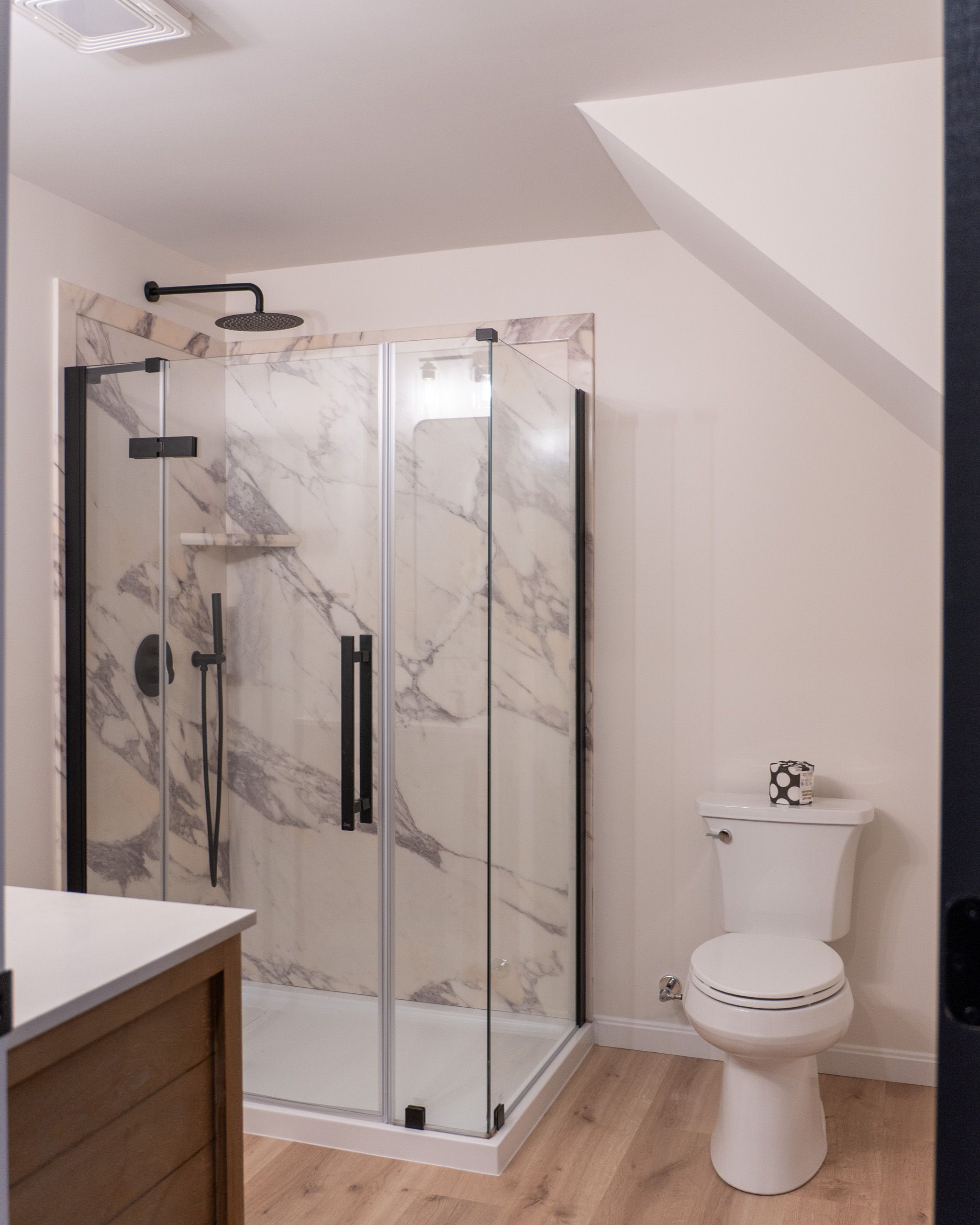 Shower and toilet in bathroom