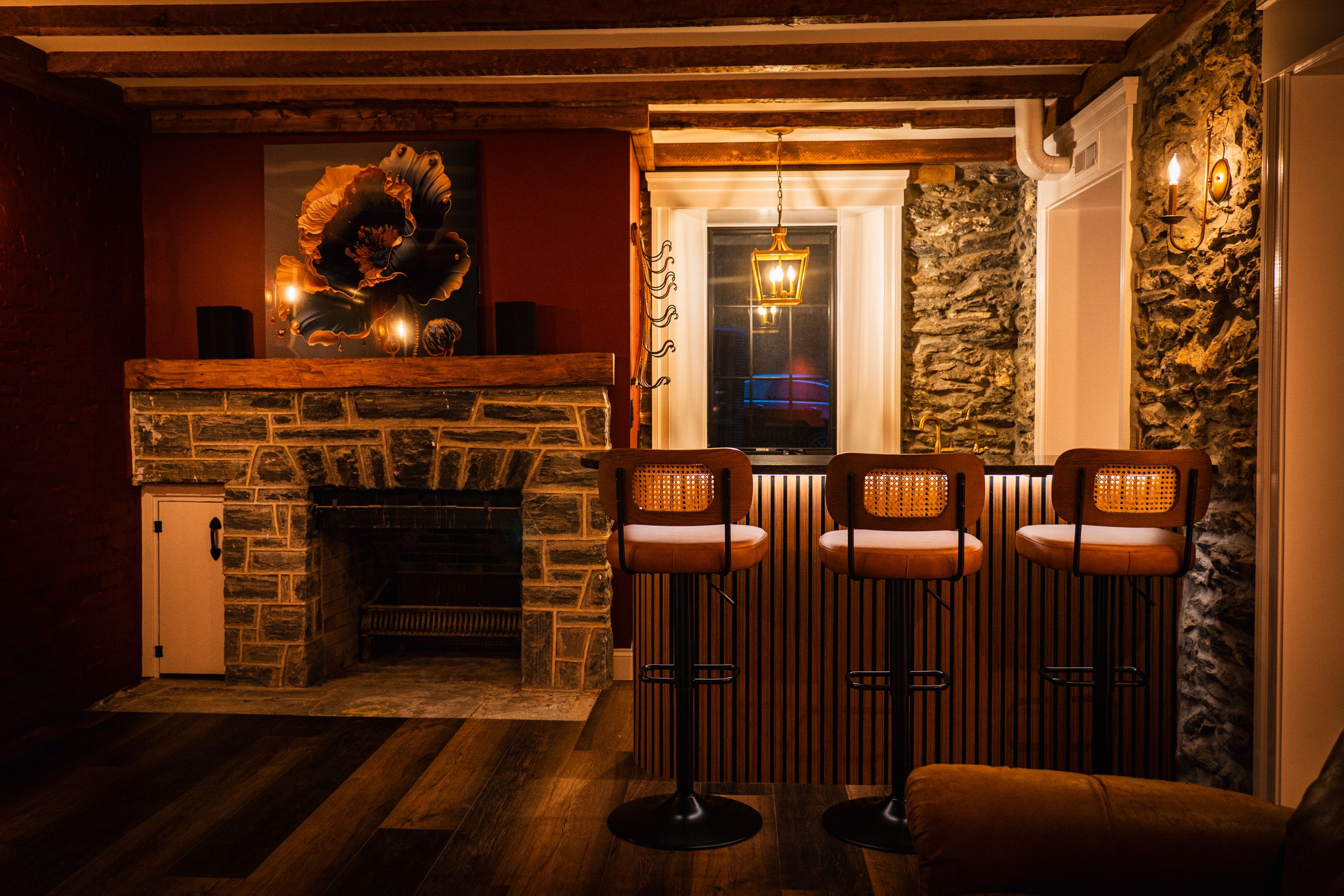 Bar and fireplace